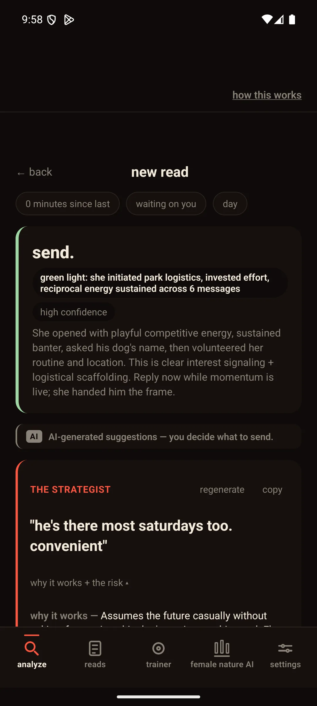 the nonchalant results screen on a phone: the timing chips, the send-or-hold verdict, and the first coach card